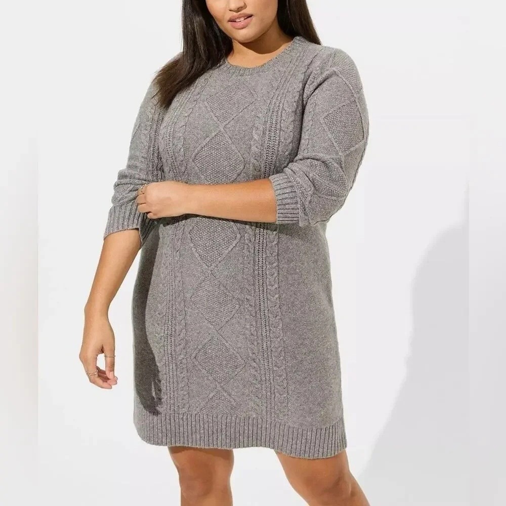 NWT Torrid At The Knee Cable Sweater Dress Size 1X Heather Grey Knit Cotton